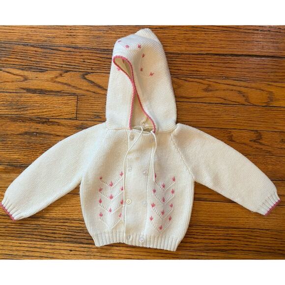 Vintage Sweater Jacket Hood Infant Girls 12-18M Ivory Pink Embroidered - Picture 1 of 6